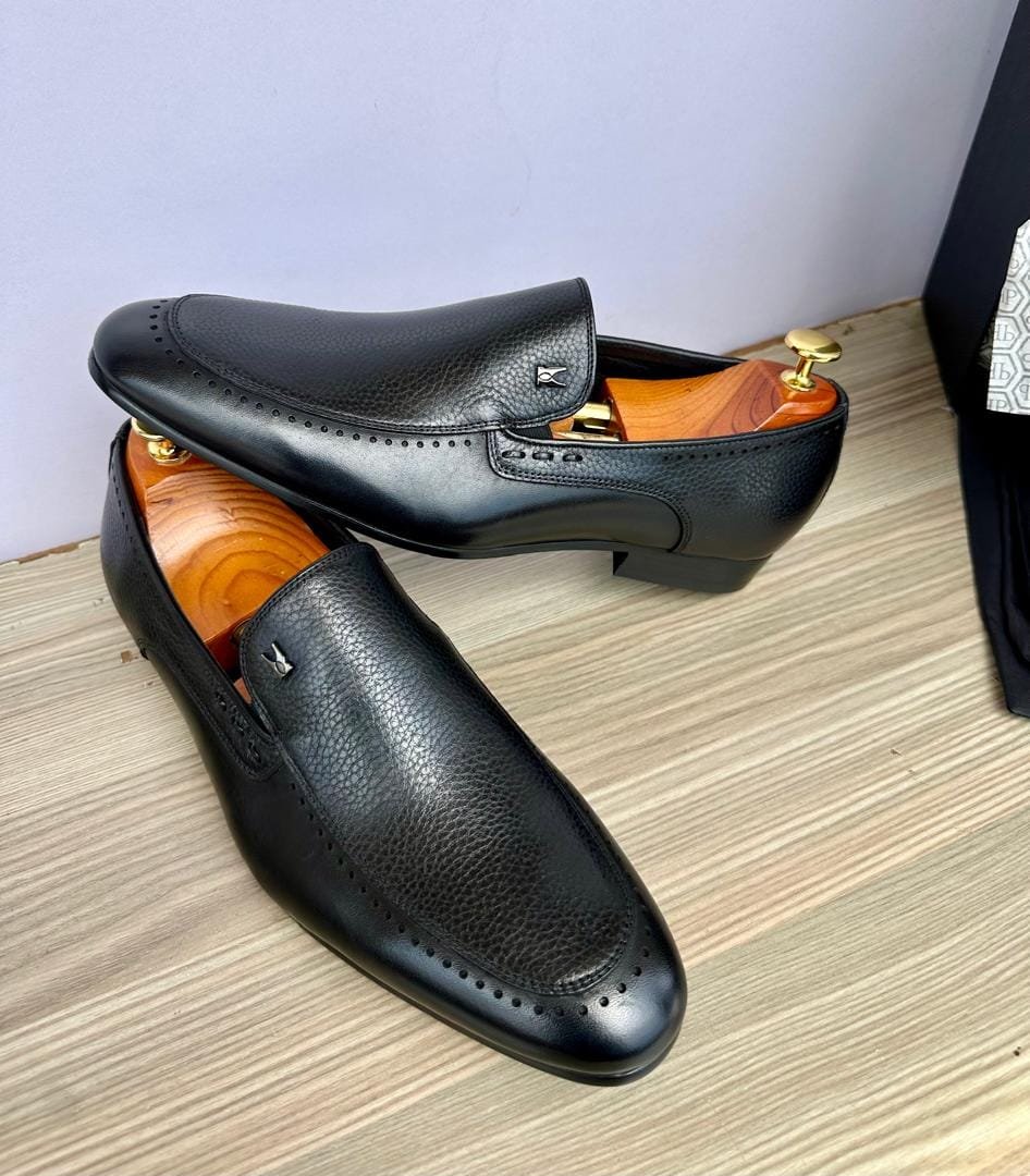 black leather loafers