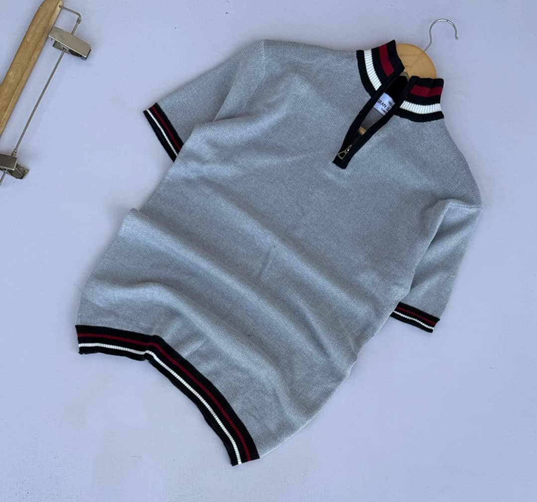 gray, short-sleeved polo shirt