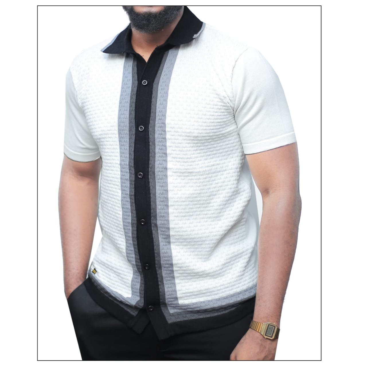 white, short-sleeved polo shirt