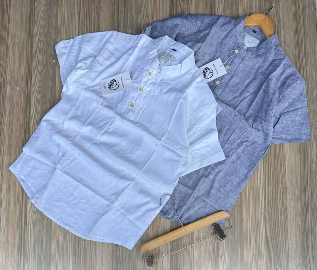 two short-sleeved shirts with mandarin collars