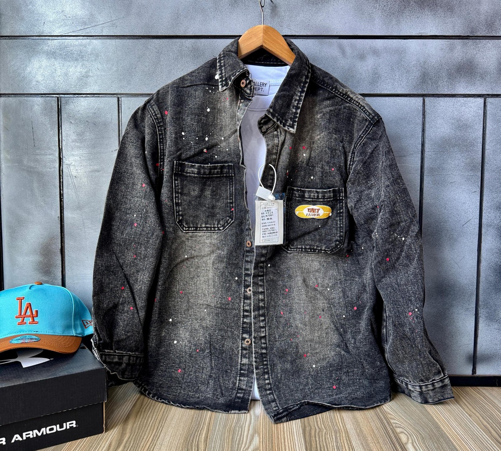 long-sleeved, button-down denim shirt