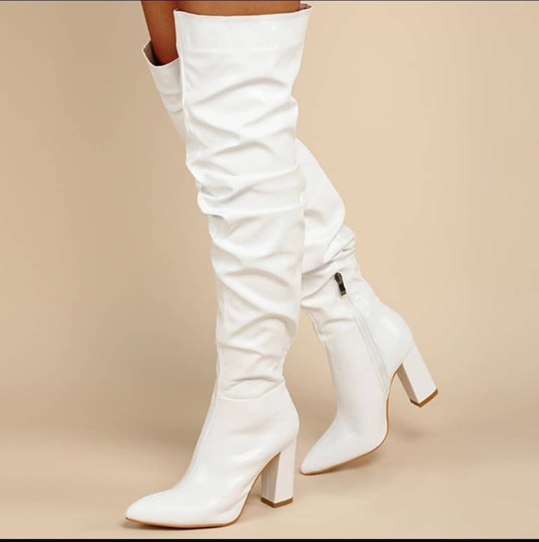 women’s white, faux leather, thigh-high boots