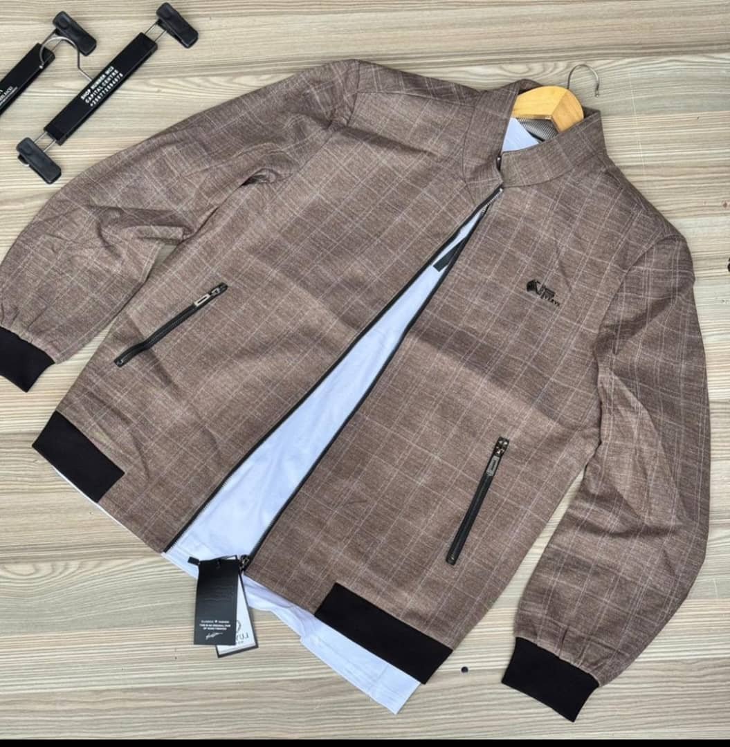 brown plaid zip-up jacket