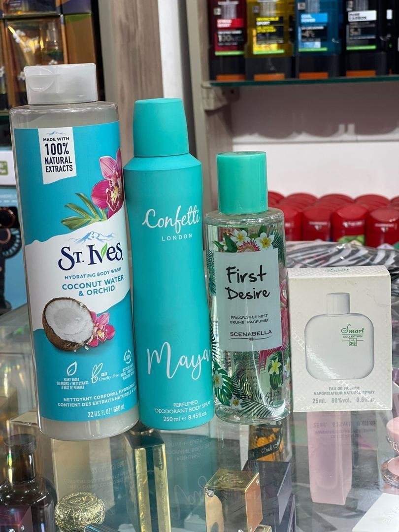 St. Ives Hydrating Body Wash, Confetti London Maya Deodorant Body Spray, Scenabella First Desire Fragrance Mist, and Smart Eau de Parfum.