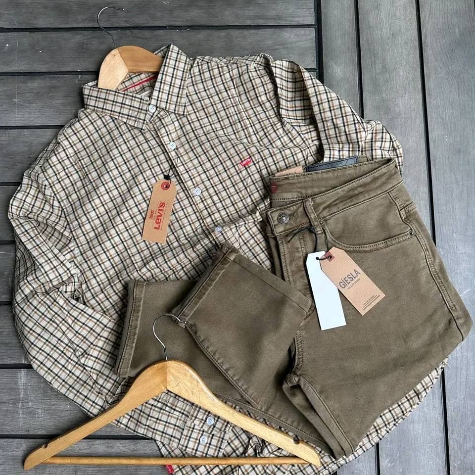 tan and brown plaid, long-sleeved button-down shirt