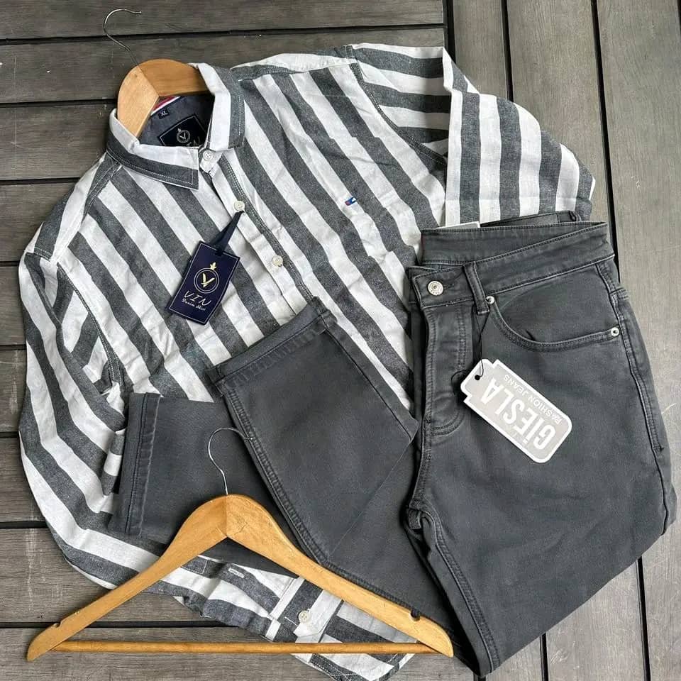 striped shirt and gray jeans