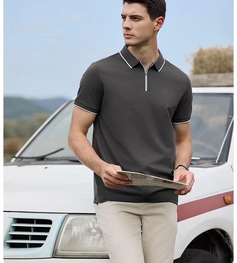 dark gray short-sleeved polo shirt