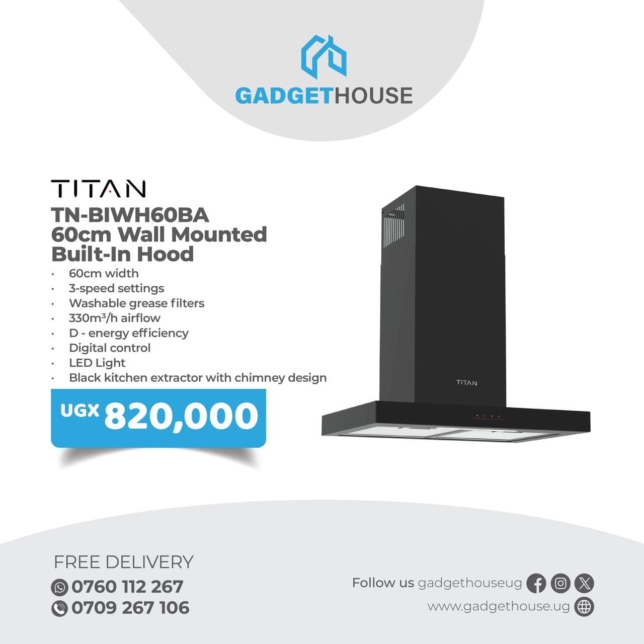 the Titan TN-BIWH60BA 60cm Wall Mounted Built-In Hood,