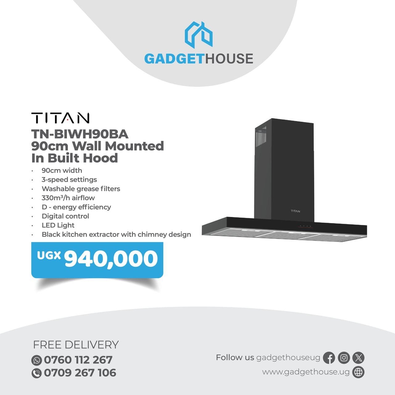 Titan TN-BIWH90BA 90cm Wall Mounted In Built Hood,chimmeny