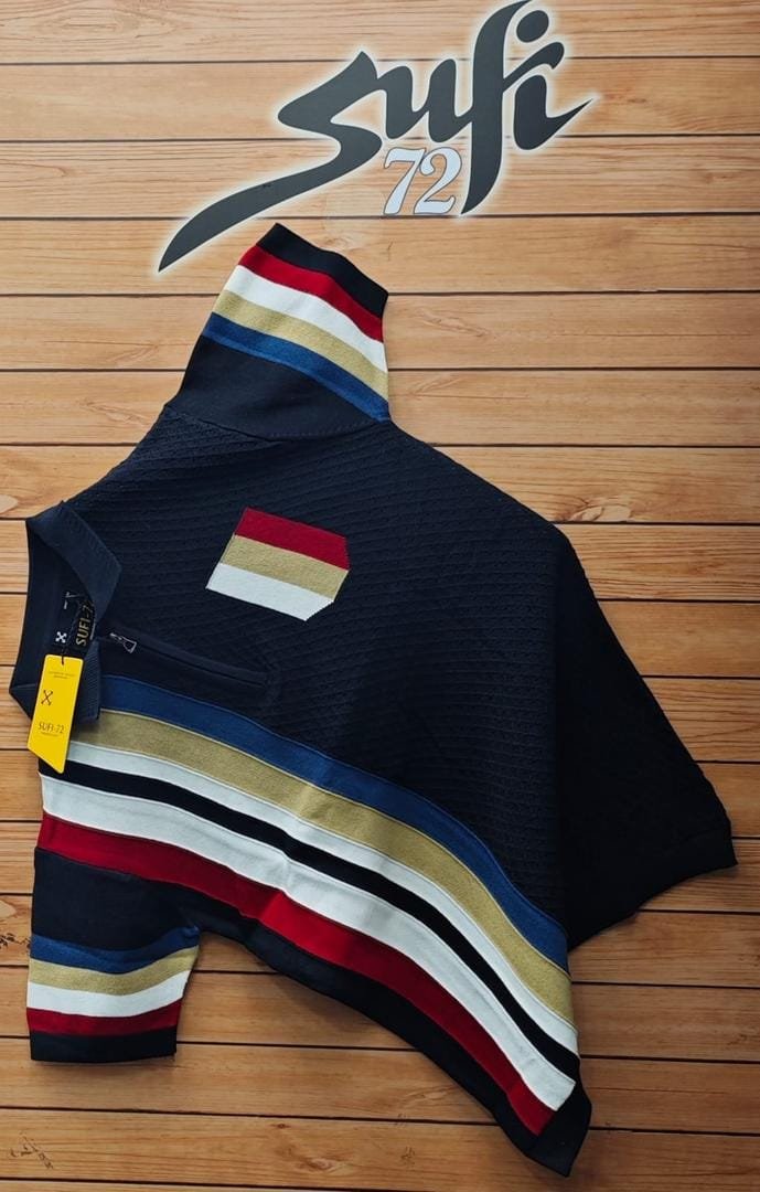 dark blue, long-sleeved polo-style shirt