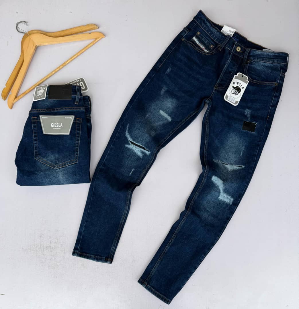 Giesla brand, dark wash denim jeans.