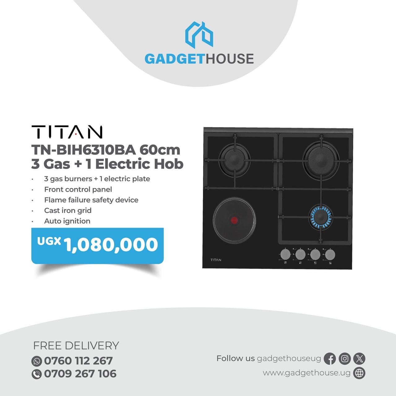 TITAN TN-BIH6310BA, a 60cm hob featuring 3 gas burners and 1 electric plate.