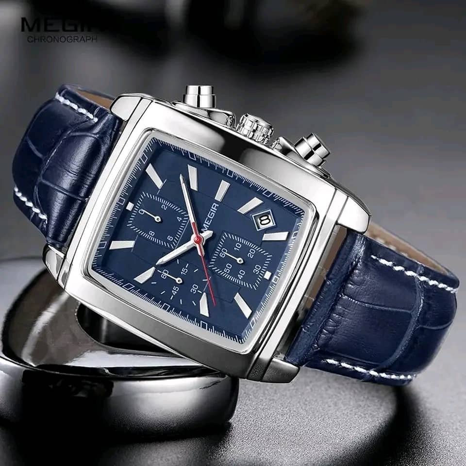 Megir Men’s Blue Casual Leather Strap Rectangle Chronograph Quartz Watch.