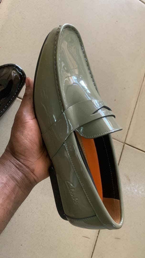 light gray patent leather loafer,