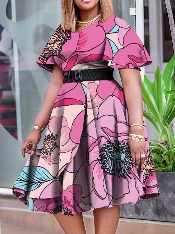 pink, knee-length A-line dress with a floral print