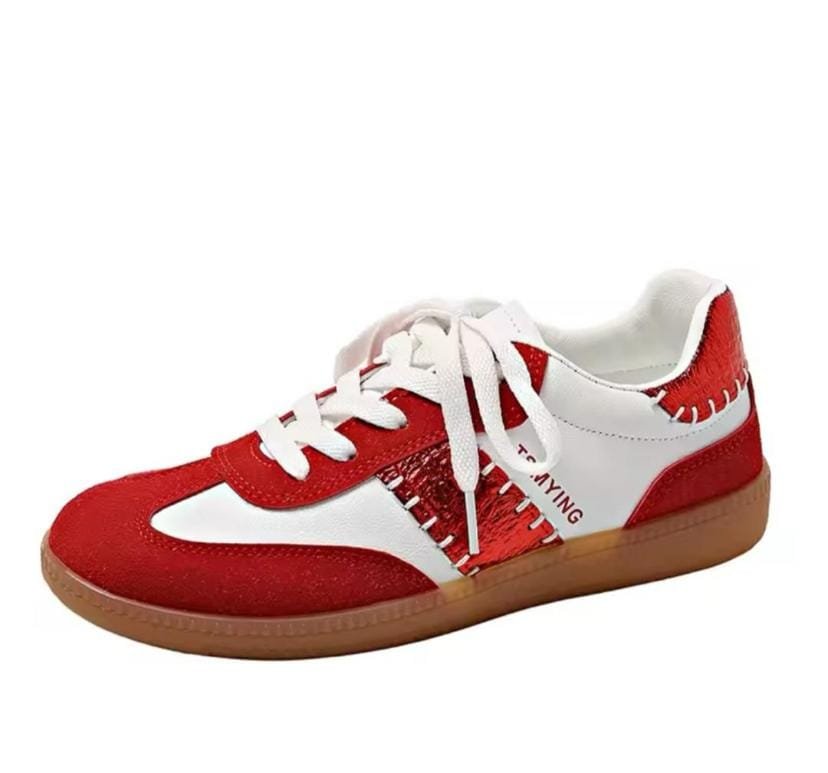 women’s red and white lace-up sneakers