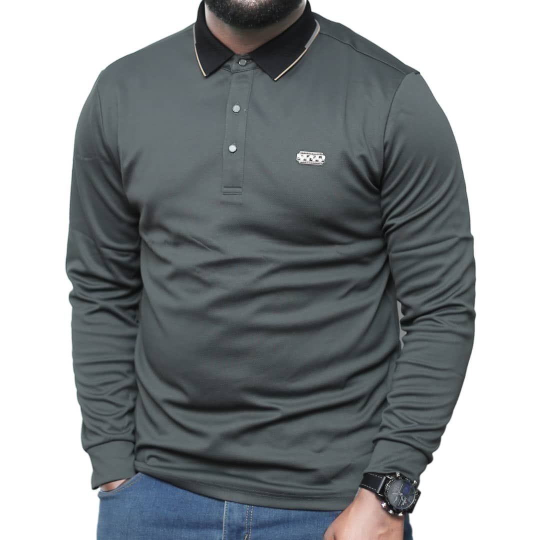grey long-sleeved polo shirt