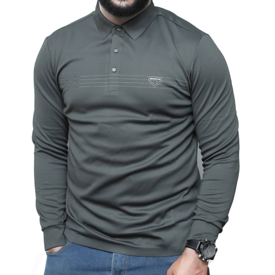dark gray, long-sleeved polo shirt.