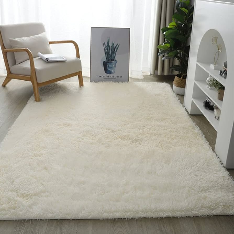 a fluffy, ivory-colored carpet