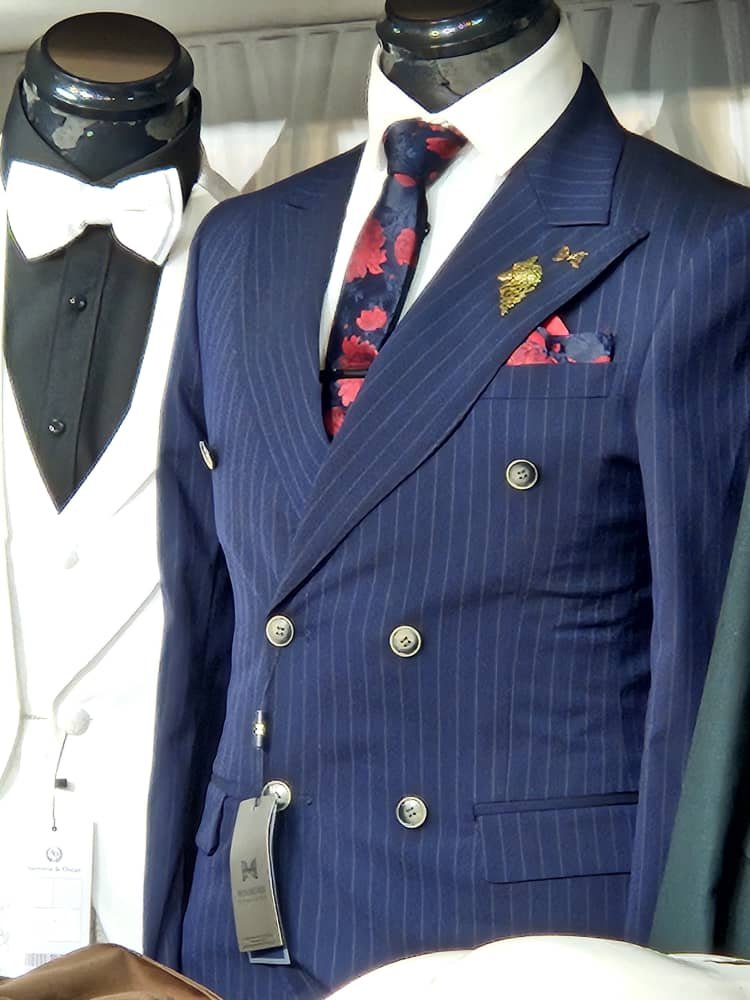 double-breasted, dark blue pinstripe suit