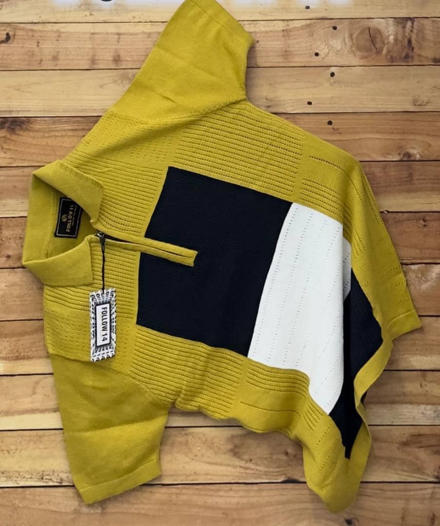 long-sleeved, mustard yellow knit polo shirt