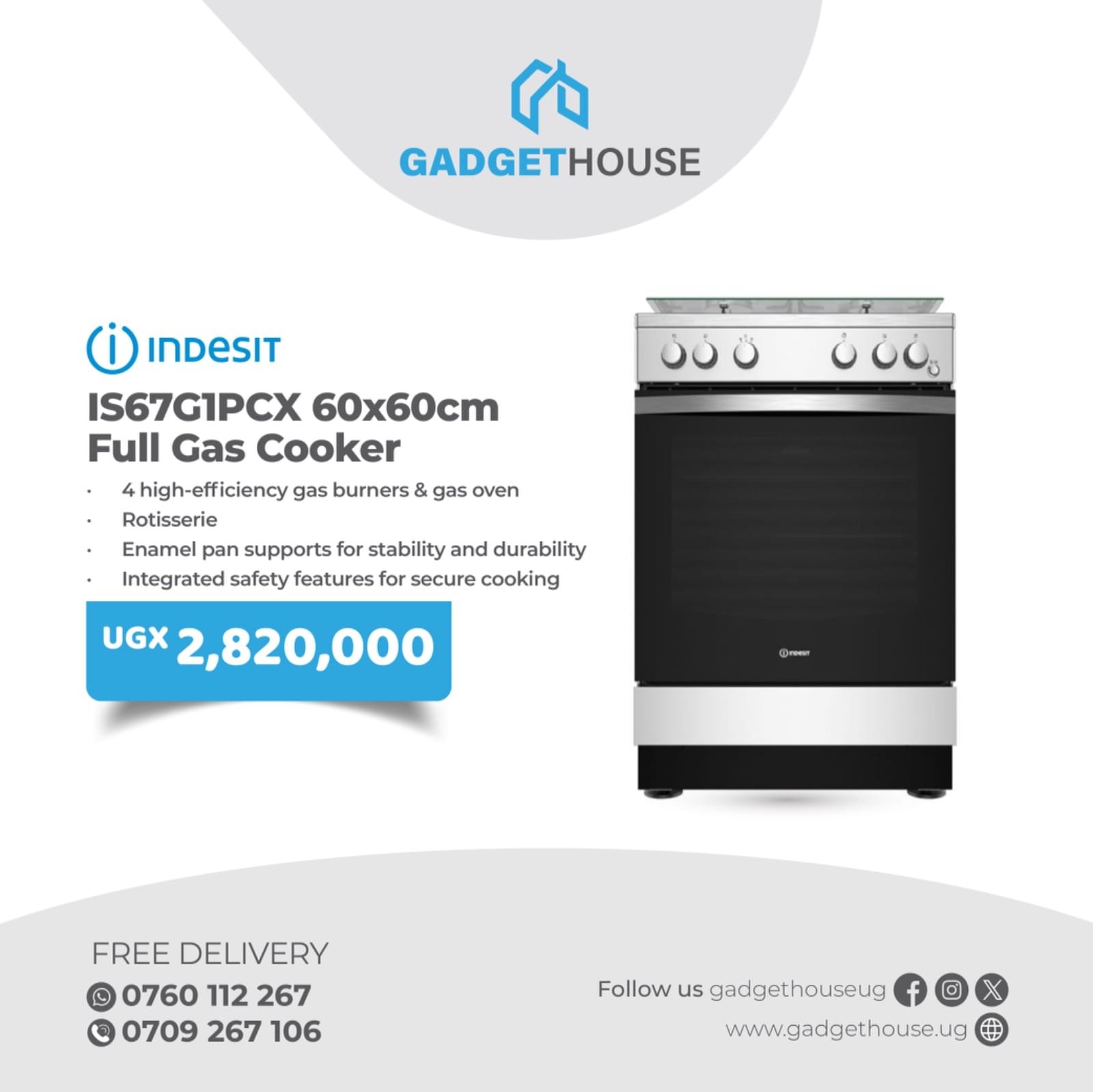 Indesit IS67G1PCX is a 60×60 cm full gas cooker
