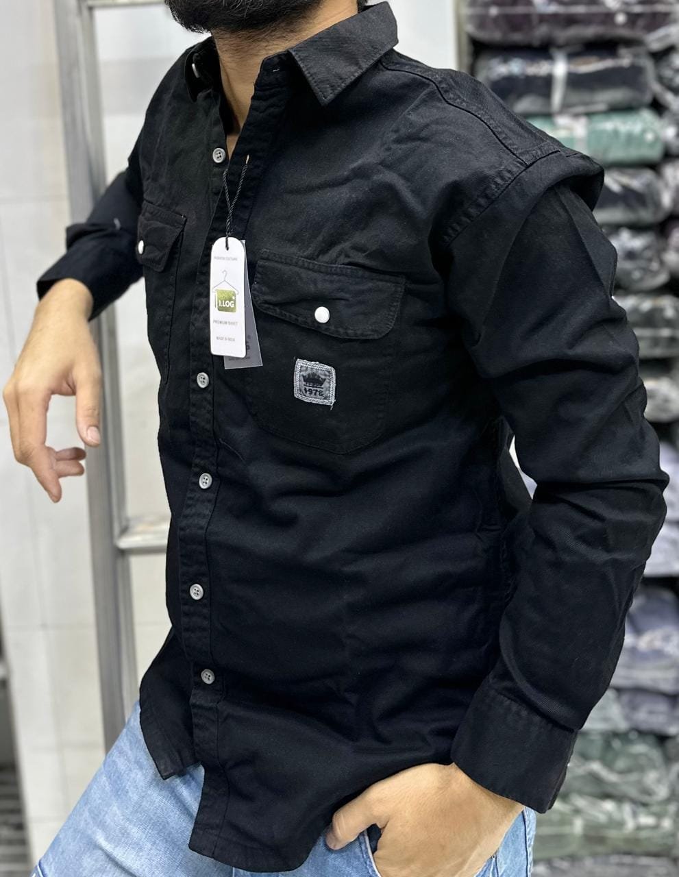 black, long-sleeved button-down shirt