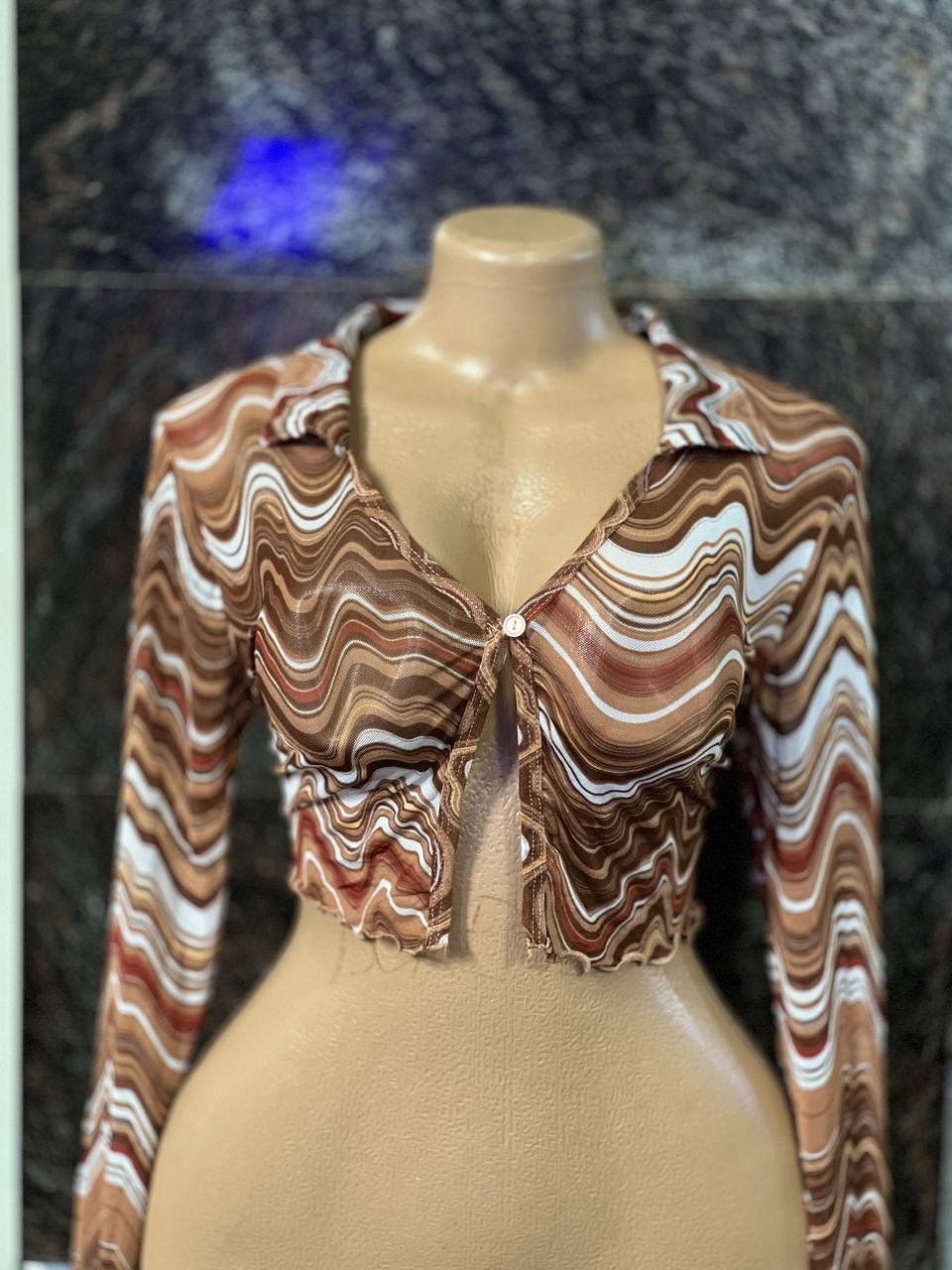 brown and white retro-style mesh crop top