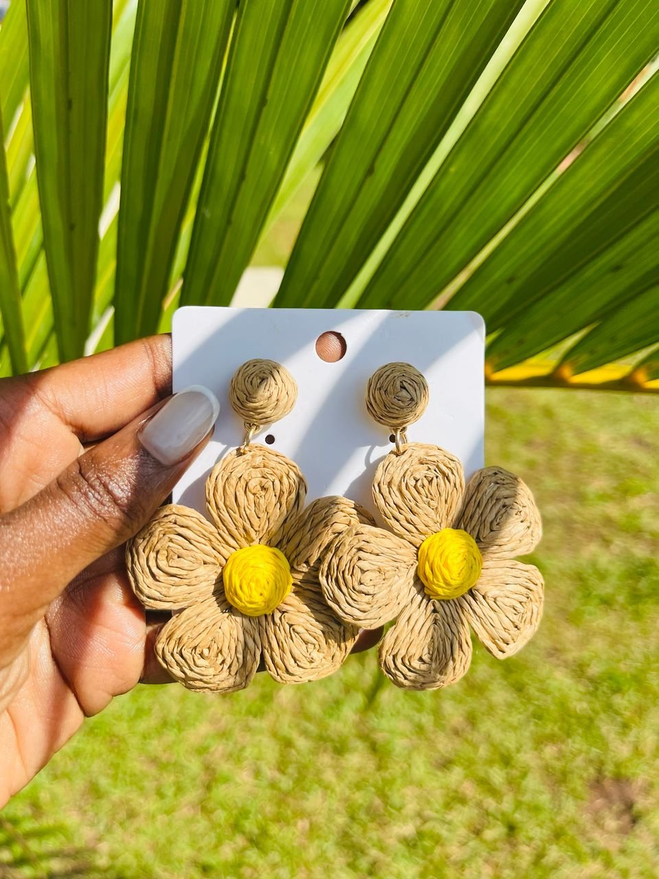 pair of handcrafted rattan flower drop earrings