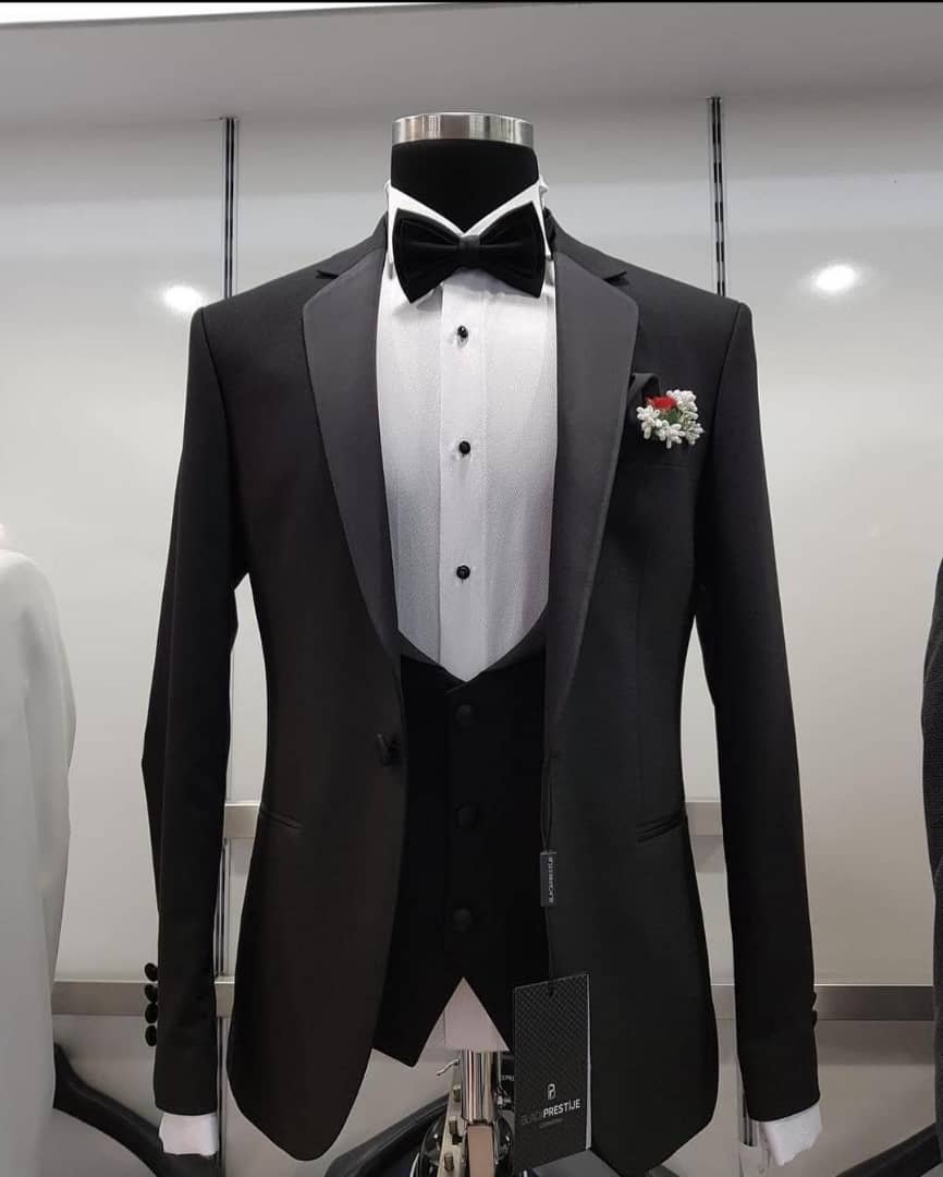 three-piece black tuxedo