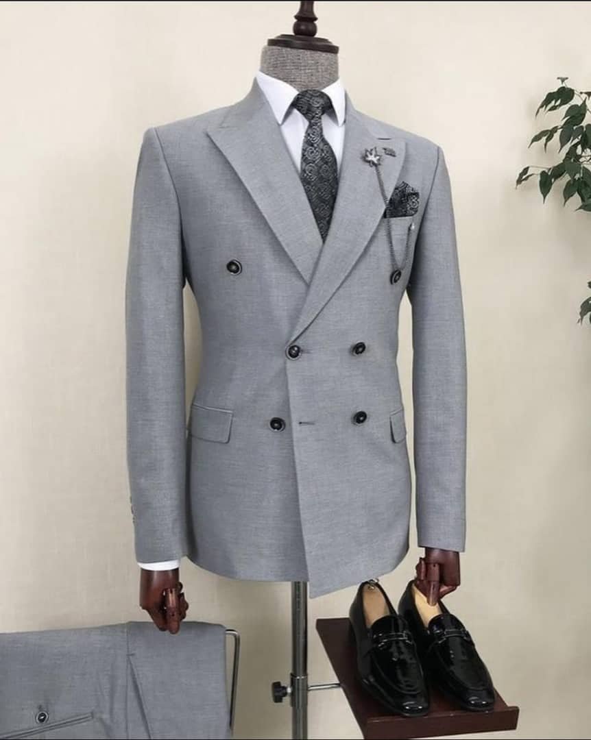 grey double-breasted suit