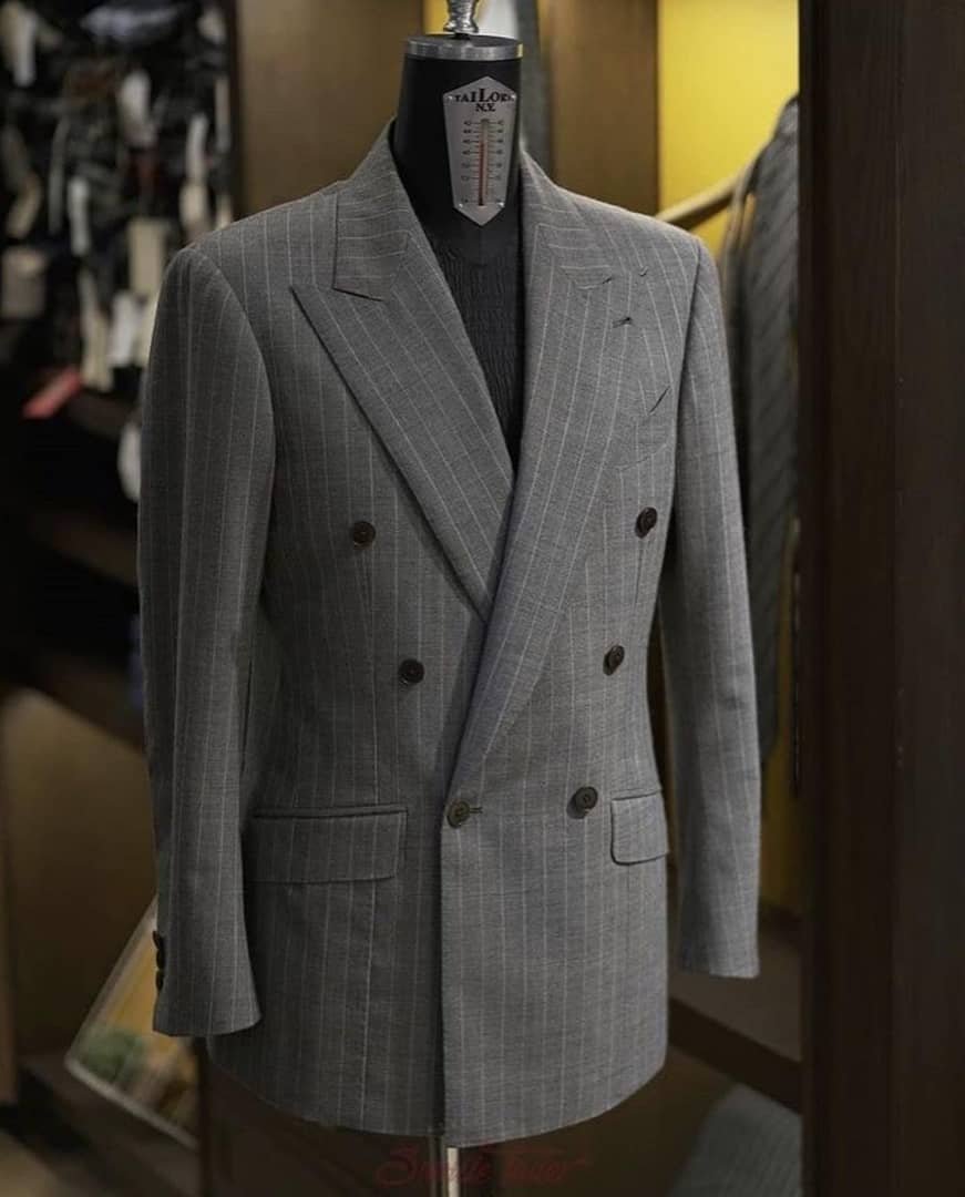 double-breasted suit in a gray