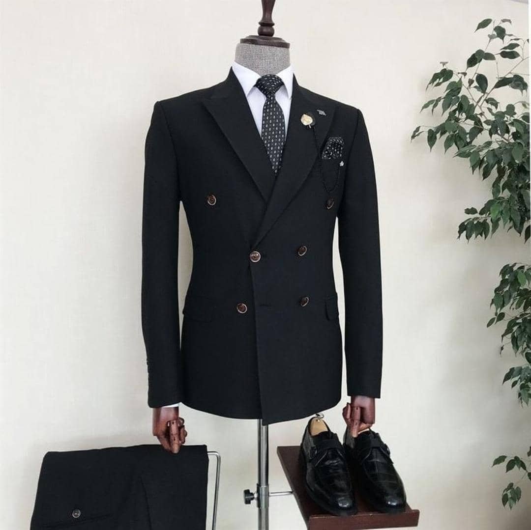 black double-breasted suit,