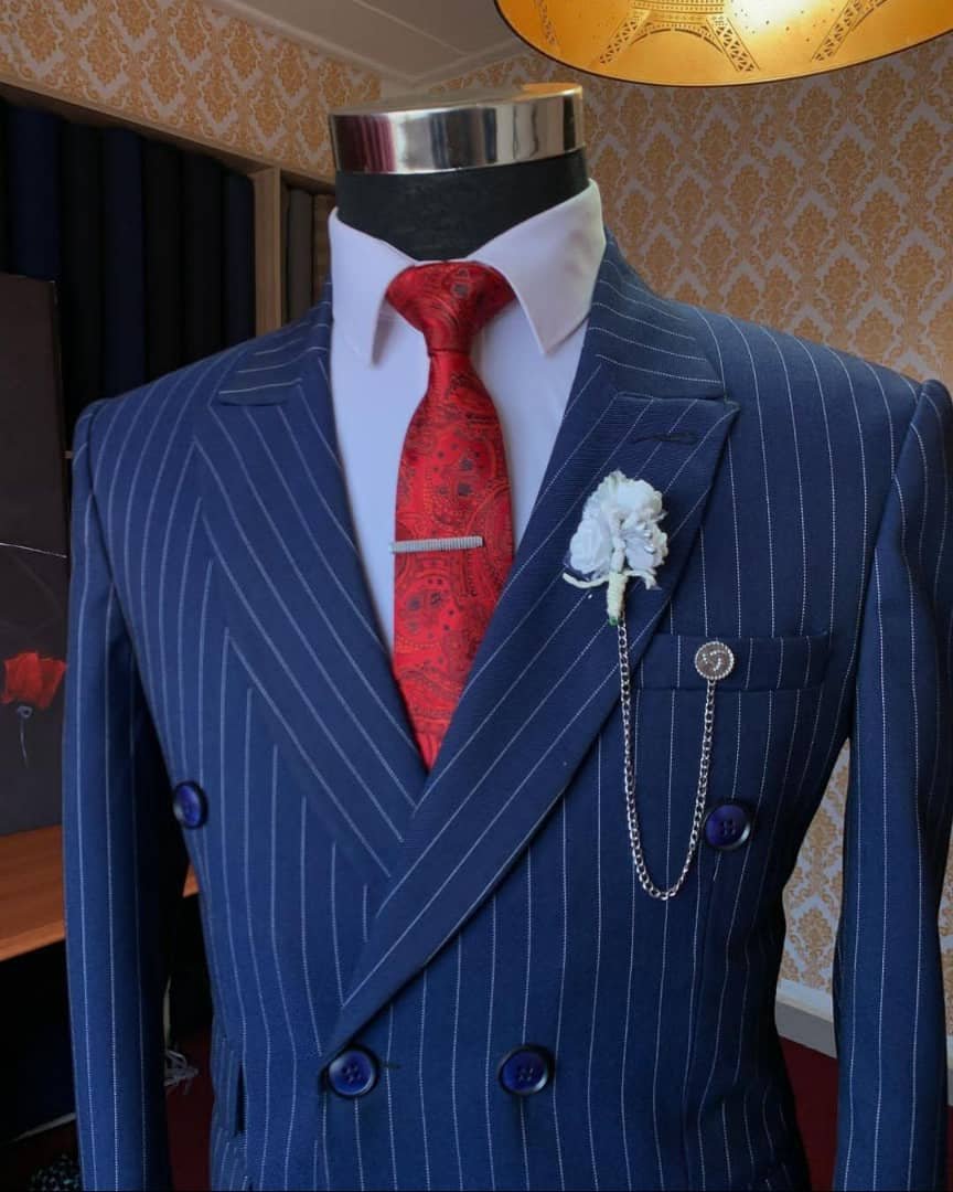 navy blue, slim-fit, double-breasted suit