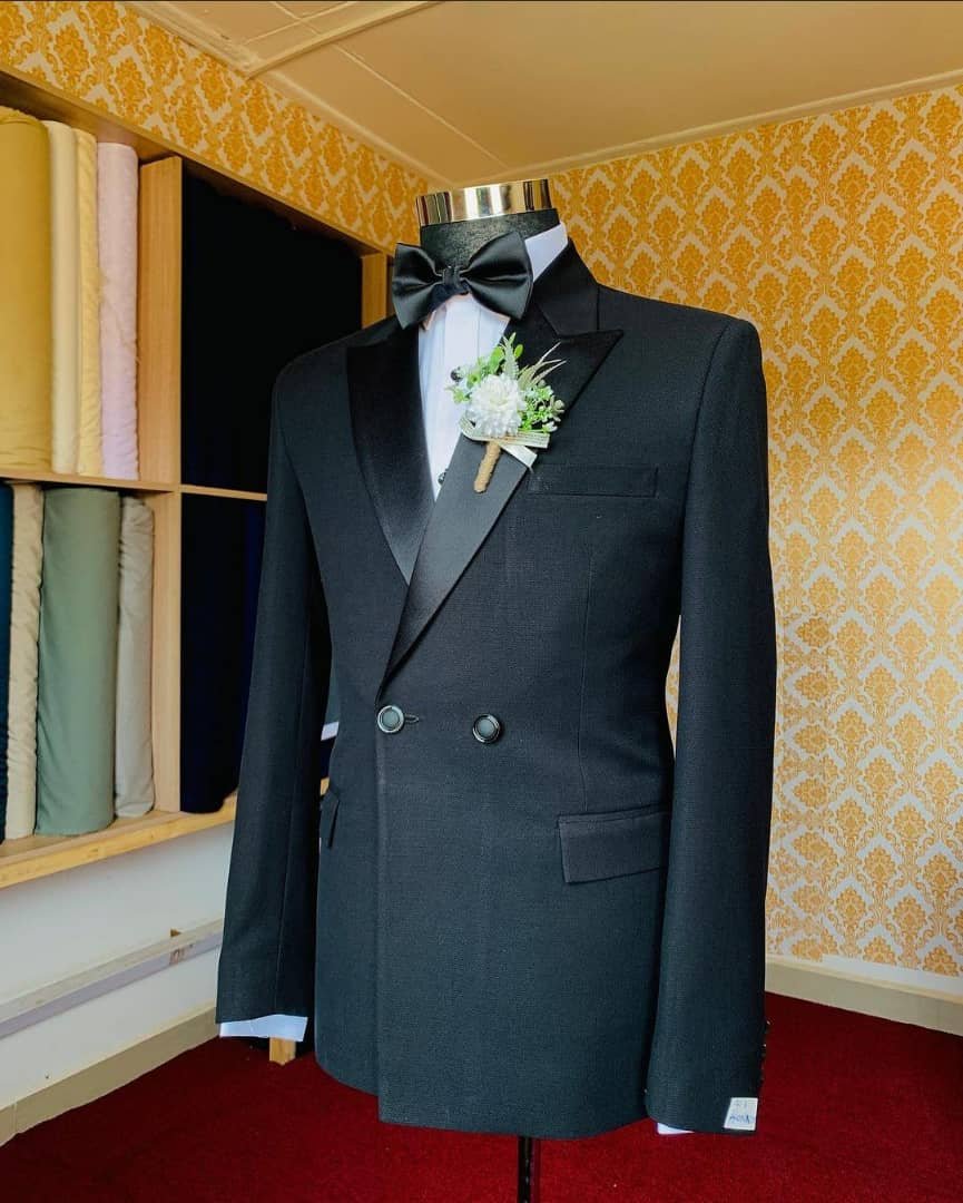 double-breasted suit with a grey striped pattern