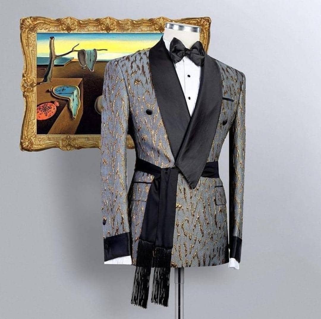 grey and gold patterned jacquard tuxedo
