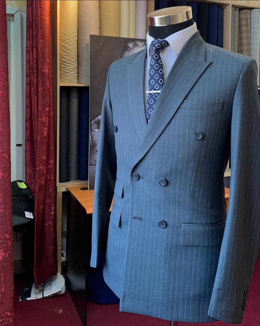 double-breasted suit with a grey striped pattern