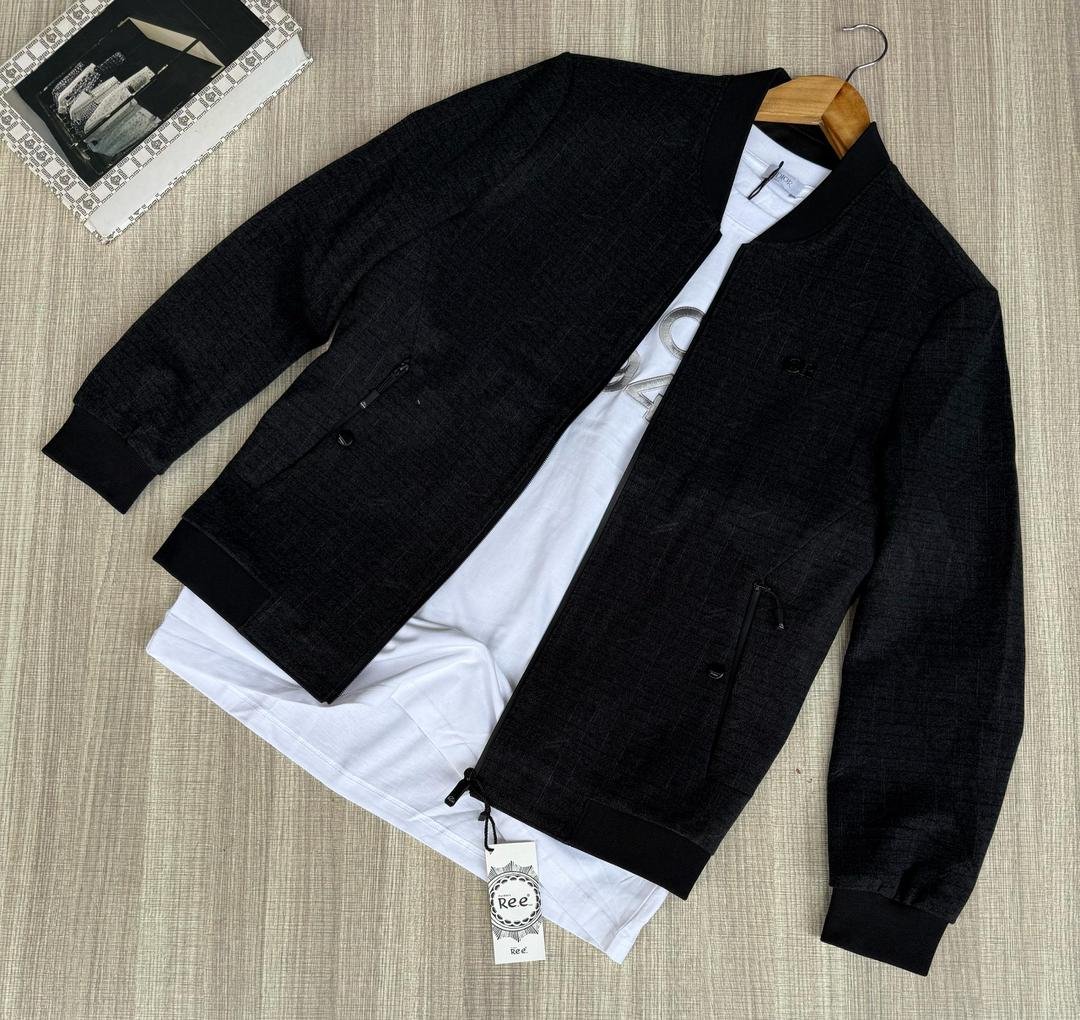 black or charcoal grey, bomber-style jacket