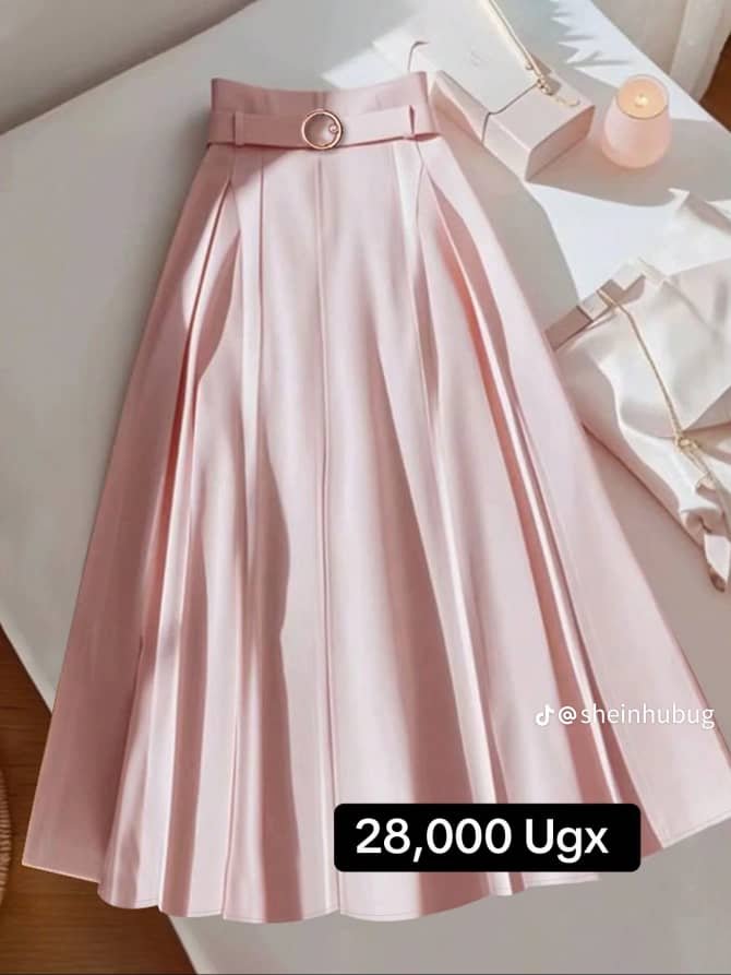 light pink, high-waisted, A-line midi skirt