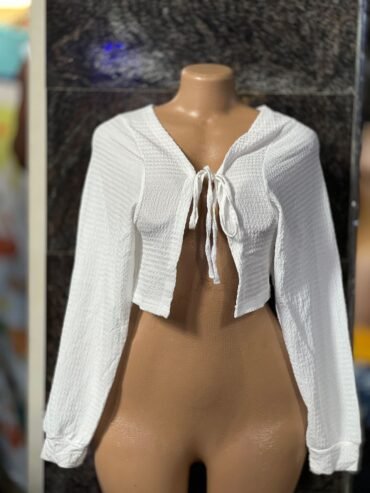 white, long-sleeved, cropped tie-front cardigan