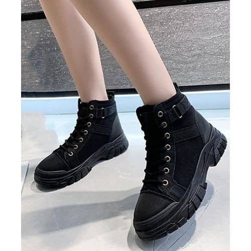 women’s black, thick-soled, lace-up high-top sneakers