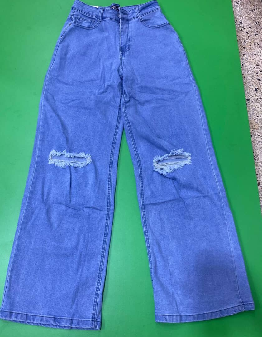 wide-leg, ripped denim jeans