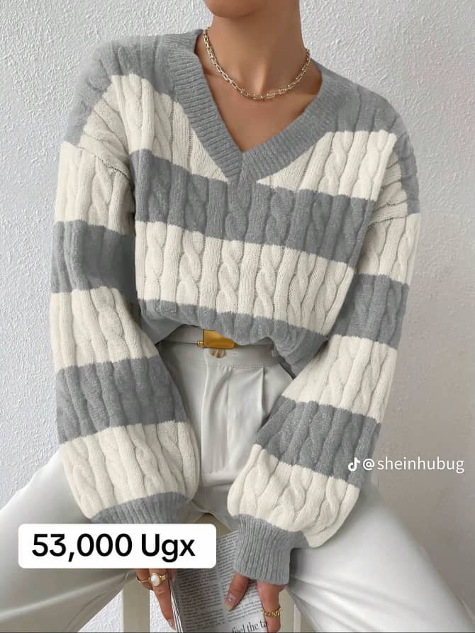 SHEIN Essnce Two Tone Cable Knit V-neck Drop Shoulder Sweater