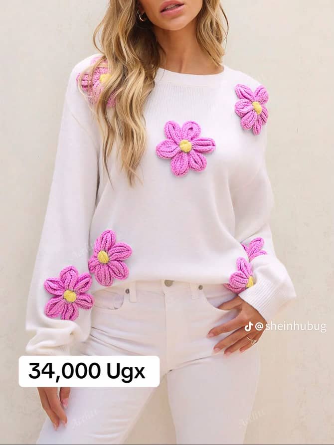 Crochet Flower Round Neck Long Sleeve Sweater