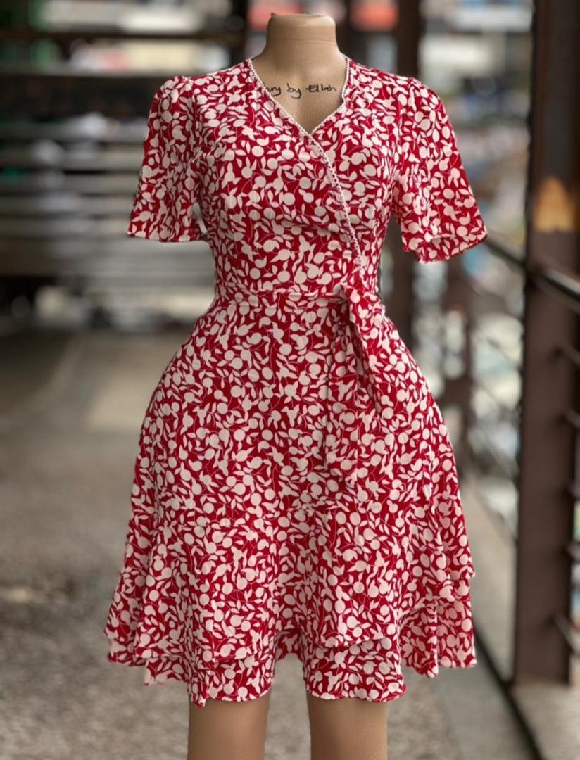 red and white printed faux wrap dress