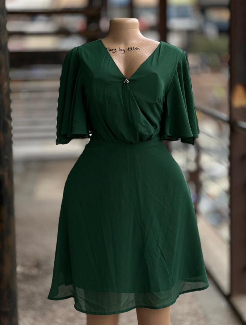 green V-neck fit and flare dress,