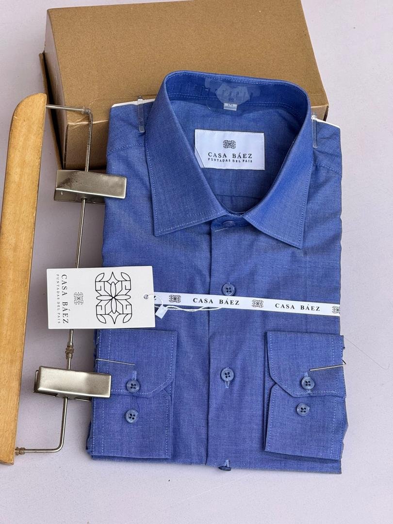 blue, long-sleeved, button-down shirt