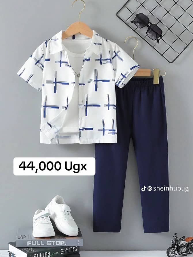Boy Casual Geo Printed Collar Short Sleeve Shirt And Long Pants Set