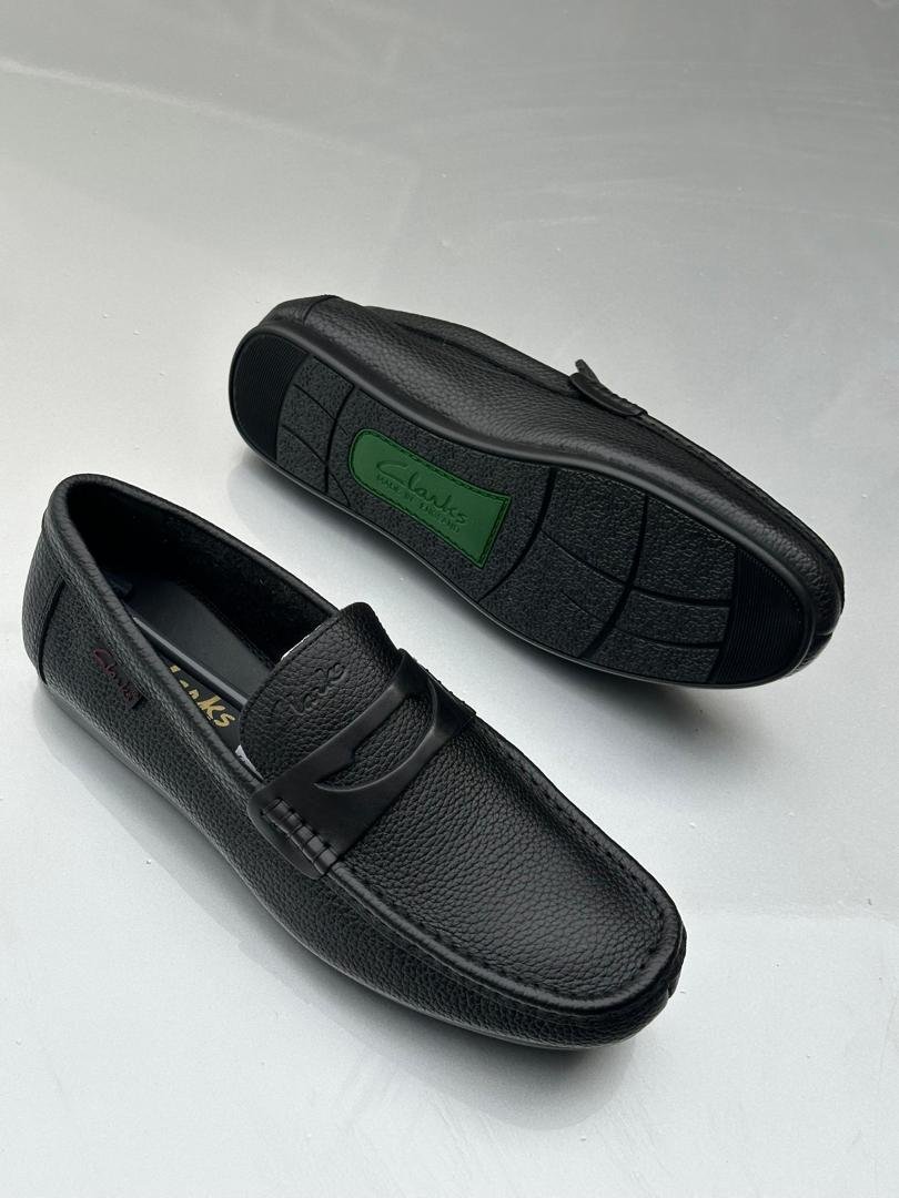 black Clarks loafers