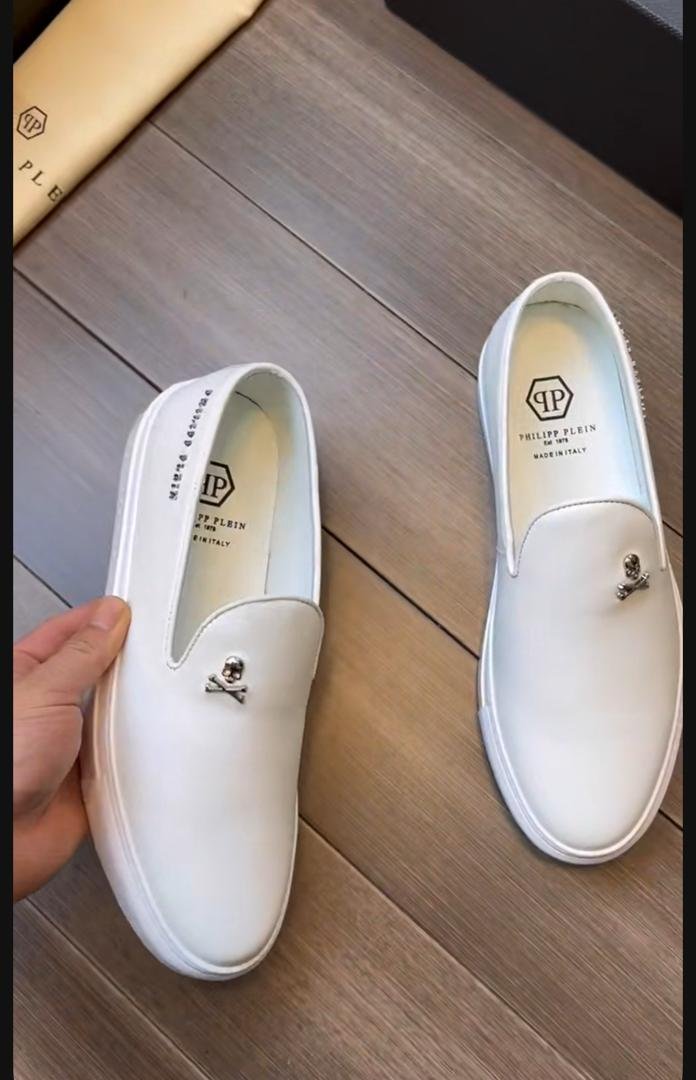Philipp Plein white leather slip-on loafers,